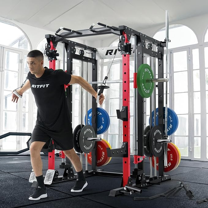 RitFit Buffalo Smith Machine, Power cage with LAT-Pull Down System & Cable Crossover System, All-in-One Squat Rack for Home Gym, Power Rack