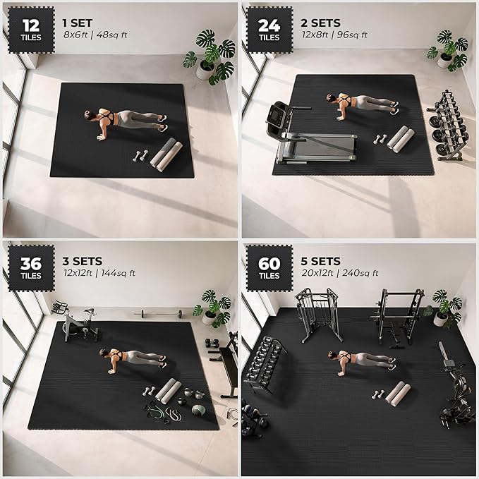 bemaxx Gym Mats Set - 24 pcs EVA Interlocking Foam Floor Tiles (24.4"x24.4"x0.4") 96 sqft Protective Gym Flooring Sports Home Workout Exercise Mats Puzzle Garage Fitness Play-Room Pool Treadmill Bike