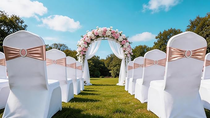 Spandex Rose Gold Chair Sashes 100 Pack Wedding Chair Bands with Buckles Pink Gold Chairs Bows for Party Birthday Bridal Shower Engagement Anniversary Outdoor Event Decorations