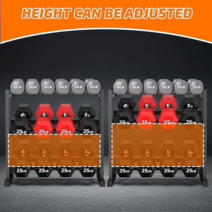 PLKOW Adjustable 3-Tier Dumbbell Rack with Barbell & Weight Plate Storage for Home Gym, Heavy Duty Steel Weight Rack Stand, Angle Height Width Adjustable Gym Organizer