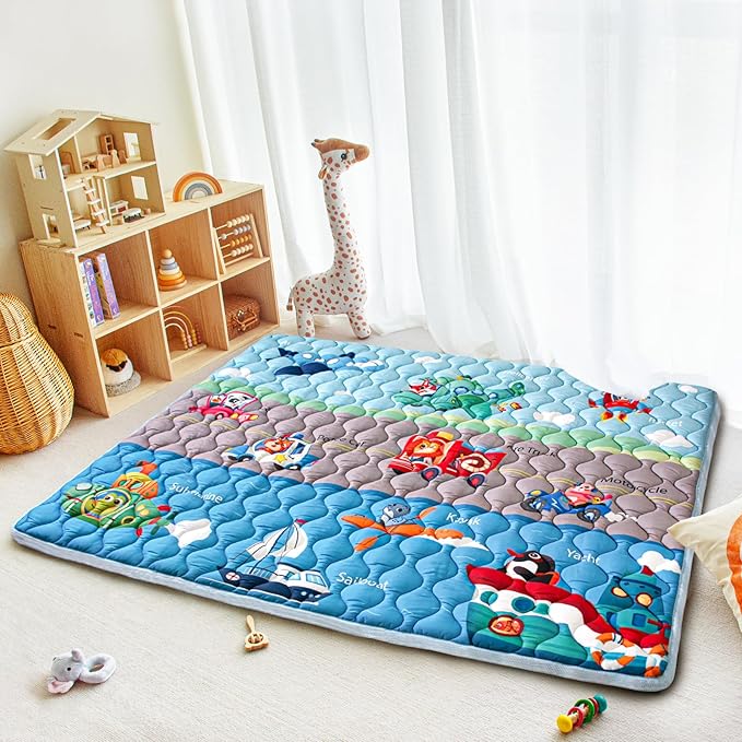 Baby Play Mats for Floor, 71”x59” Upgraded Thickness & Larger Super Soft Playmat for Babies and Toddlers, Foldable Washable, Upgrade Anti-Slip Crawling Mat for Playpen(Vehicles)