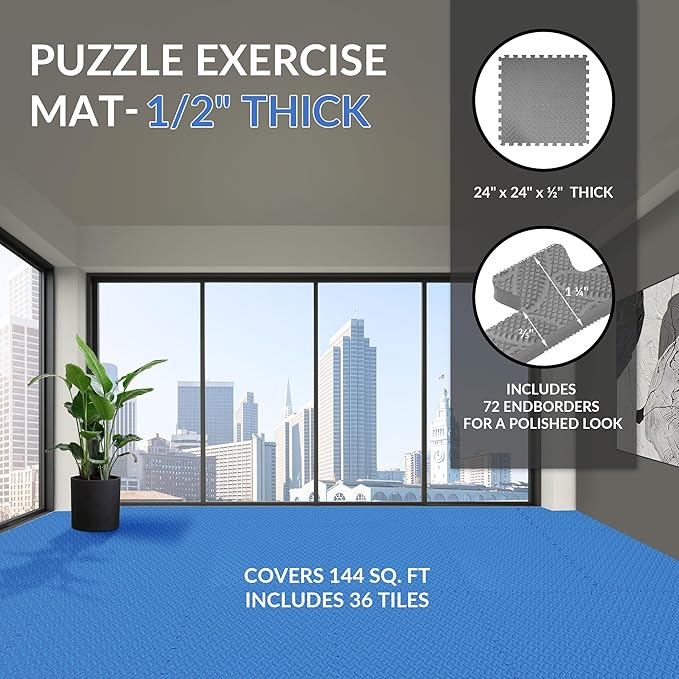 Fitvids Puzzle Exercise Gym Flooring Mat, 1/2" Thick High-Density EVA Interlocking Tiles Workout Mat for Home Gym, Fitness Equipment, MMA, Gymnastics, 36-Piece Shock-Absorbing Exercise Mat (144 Sq Ft)