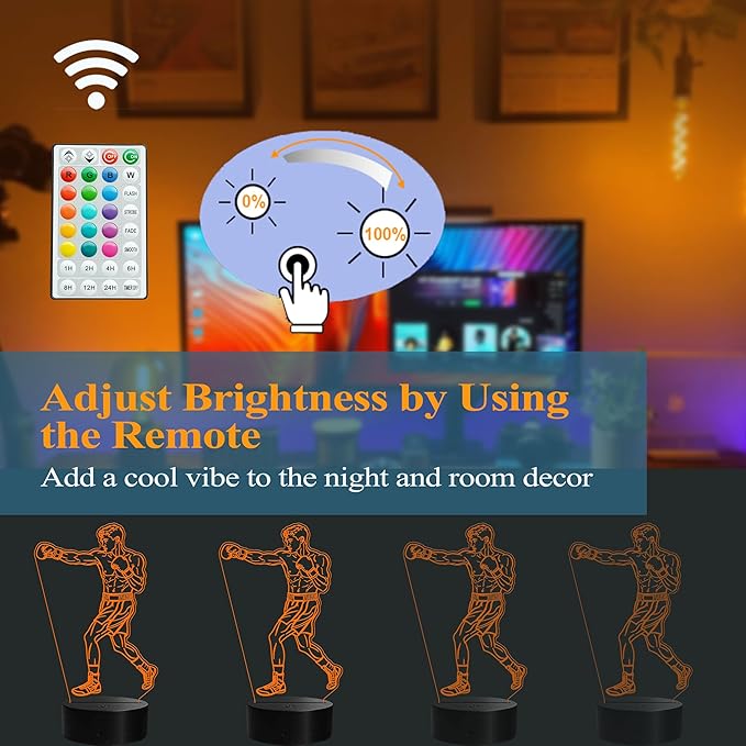 Boxing Gifts for Boy, Boxing Night Light, 3D Illusion Lamp with Remote Control, 16 Colors Changing, RGB Flashing Mode and Dimmable, Gifts for Boys Christmas Decor