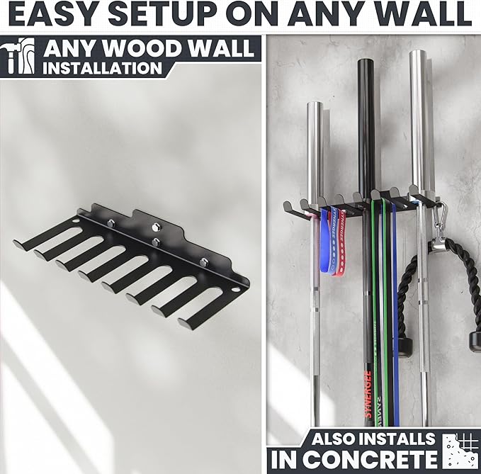 Synergee Wall Mounted Barbell Holder & Gym Accessory Rack – Heavy Duty Steel Storage for Barbells, Collars, Bands, and Fitness Gear – Space Saving Home Gym Equipment Organizer