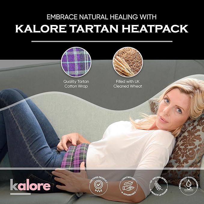 Microwavable Heating Pads for Winter Warmth, Back, Stomach & Head Comfort – Kalore Soft Cotton Tartan Neck Wrap – Even Heat Distribution Hot Compress Bag – Wheat Heat Pad XL – Unscented – Purple