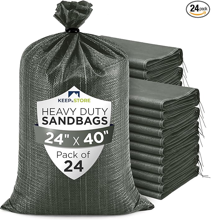 Heavy Duty Sand Bags Pack of 24, Army Green Empty Sandbags with Built-In Ties, Woven Polypropylene UV Protection 1600 Hours, Fillable Bags for Flood Control, Weight, 24x40 inches, 125 Pounds Volume