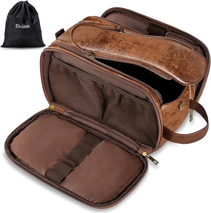 Elviros Toiletry Bag for Men, Large Travel Shaving Dopp Kit Water-resistant Bathroom Toiletries Organizer PU Leather Cosmetic Bags
