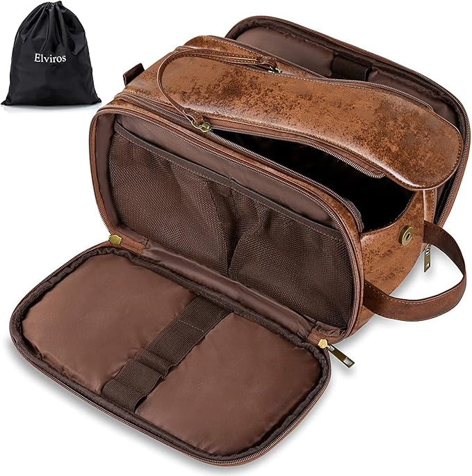 Elviros Travel Toiletry Bag for Men, Shaving Dopp Kit Water-resistant Bathroom Small Toiletries Organizer PU Leather Cosmetic Bags