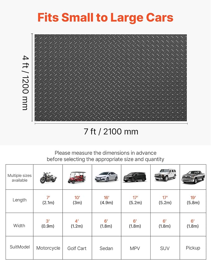 VEVOR Garage Floor Roll, 4 x 7 ft Garage Flooring Mat, 2.2 mm Thickened PVC Diamond Plate Floor Protector Mat with Double-Sided Tape, Non-Slip, Easy to Clean for Warehouse, Gyms, Trailer, Black