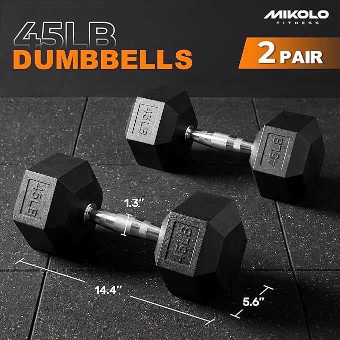 Mikolo Dumbbell Sets with Rack, Rubber Hex Dumbbells, Multiple Choices in 160/200/380/450/550LB, Hand Weights with Chrome Handle for Strength Training