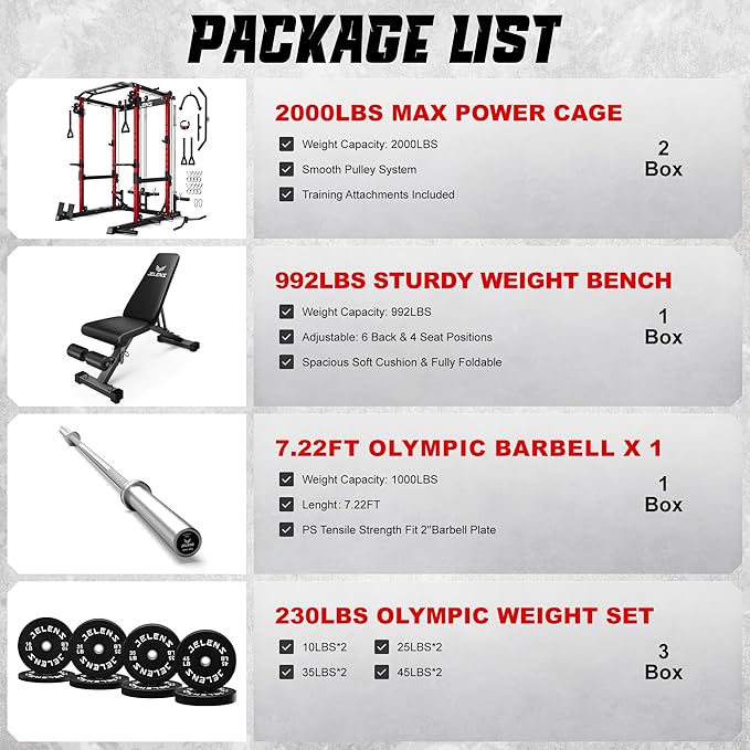 JELENS C12 Squat Rack for Home Gym, 2000LBS Power Rack with Adjustable Pulley System, Power Cage Workout Equipment with LAT Pulldown and Training Attachment