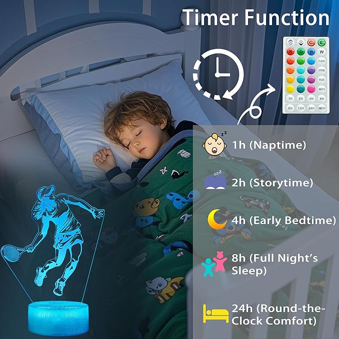 Tennis Night Light, Tennis Gifts for Girls, 3D Illusion Lamp with Remote Control, 16 Colors Changing, RGB Flashing Mode, Timer and Dimmable, Christmas Decor