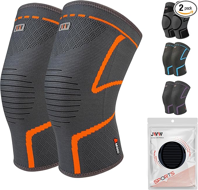 JWW Plus Size Knee Compression Sleeve for Big Thighs, 2 Pack Knee Brace for Men & Women Knee Pain Relief, Workout Sports Knee Support, Knee Braces for Meniscus, ACL & Arthritis Recovery (Orange, 2XL)