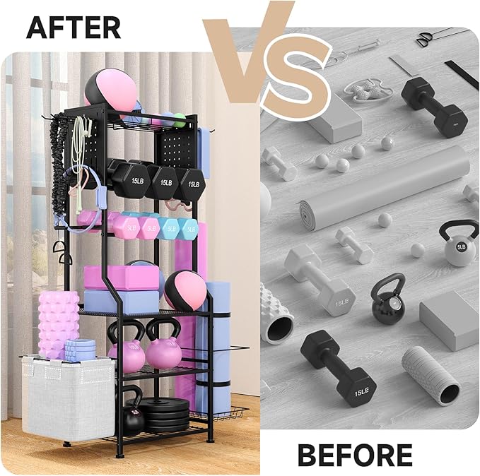 Dumbbell Rack, Home Gym Storage for Kettlebells, Yoga Mat & Strength Training Equipment, Weight Rack With Peg Board Organizer, Workout Gym Equipment Storage
