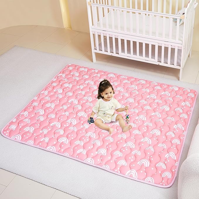 Viviland Baby Mats for Floor, 71x59 Inch Playpen Mat, Thicker & Large Soft Cushioning Padding Playmat for Baby and Toddlers Infants, Non-Slip & Machine Washable, Pink Rainbow
