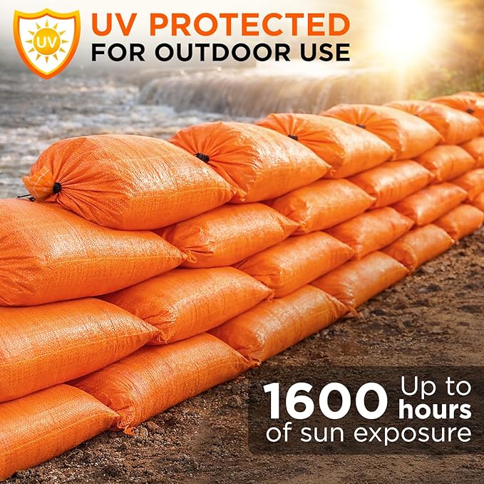 Heavy Duty Sand Bags Pack of 5, Bright Orange Empty Sandbags with Built-In Ties, Woven Polypropylene UV Protection 1600 Hours, Fillable Bags for Flood Control, Weight, 36x48 inches, 175 Pounds Volume