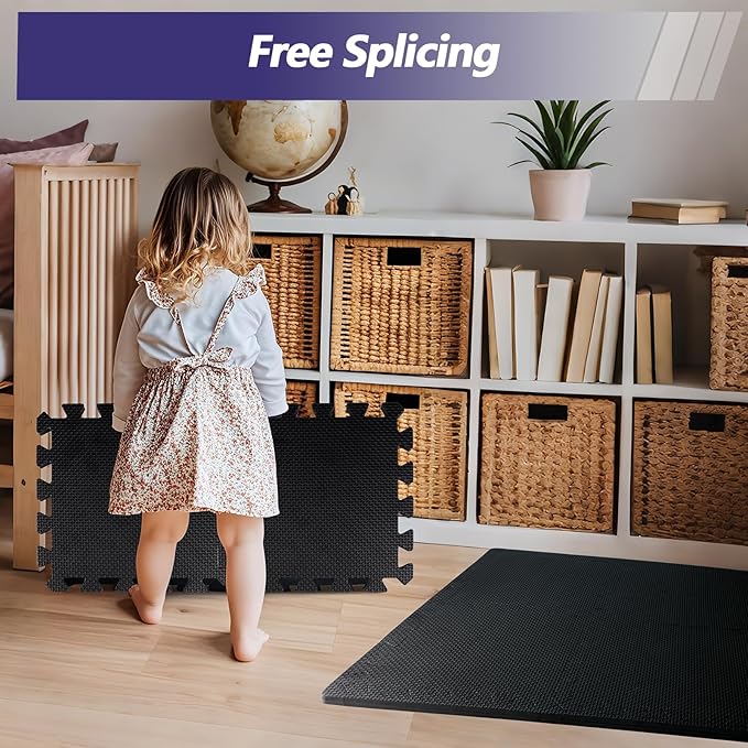1/2 inch Thickened Interlocking Foam Floor Mats (48 Sq Ft), 12 Tiles 24X24in High Density EVA Foam Gym Flooring for Home Gym, Weightlifting, Kids Play Area, Non-slip, Free Splicing.