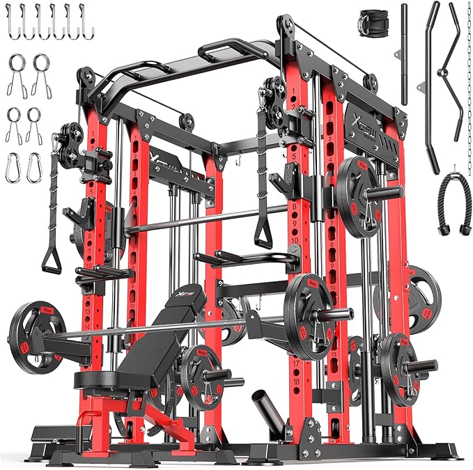 Smith Machine with Cable Crossover System, Multi-Function Power Cage Squat Rack for Home Gym, Power Rack and Packages Weight Sets.
