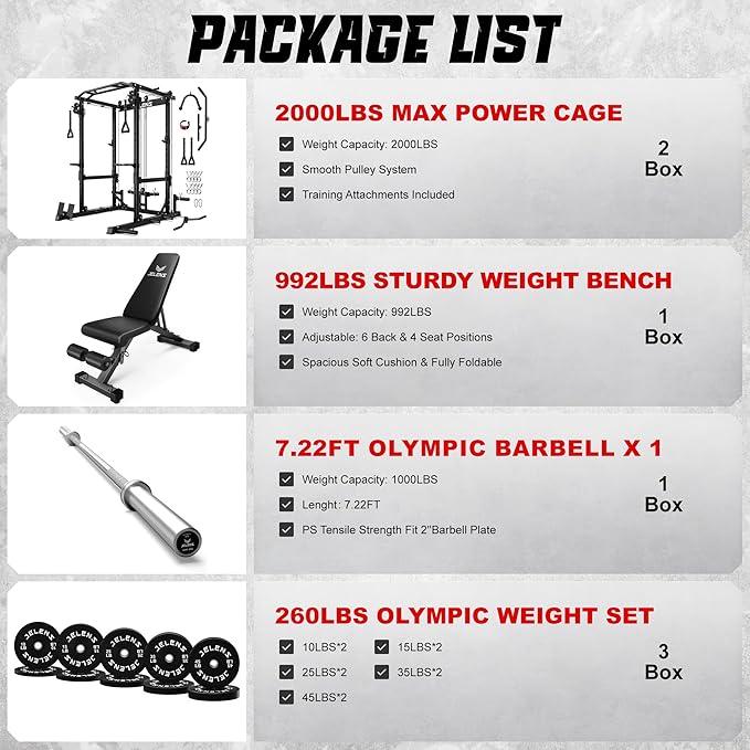 JELENS C12 Squat Rack for Home Gym, 2000LBS Power Rack with Adjustable Pulley System, Power Cage Workout Equipment with LAT Pulldown and Training Attachment