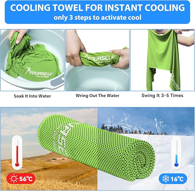 SYOURSELF Cooling Towels for Neck and Face, 4 Pack 40" x 12" Cooling Towel for Hot Weather, Soft Breathable Instant Cool Chilly Pad for Sports Golf Yoga Gym Athletes Camping Ice Towels(Green)