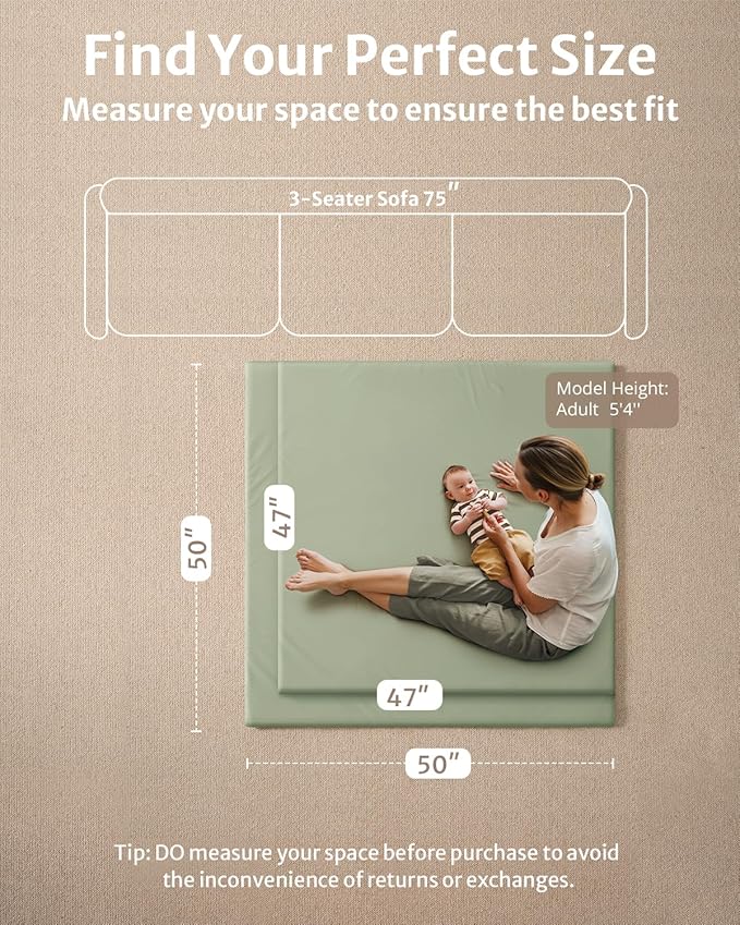 Blissful Diary Vegan Leather Baby Play Mat, 47x47 Thicken Foam Cushioned & Waterproof Playpen Mat for Infants and Toddlers, Stylish and Just Wipe-Clean Playmat for Baby Play on Floor, Light Green