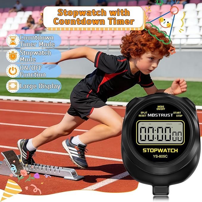 Digital Simple Stopwatch Timer, Single Lap Countdown Timer with On/Off, AAA Battery (Included) for Kids Students Coaches, Black