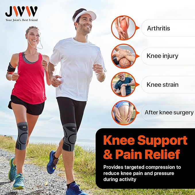 JWW Knee Compression Sleeve 2 Pack for Men and Women, Knee Brace for Knee Pain Relief, Comfortable Support for Running, Workout Sports and Daily Wear, Meniscus, ACL and Arthritis Recovery (Black, L)