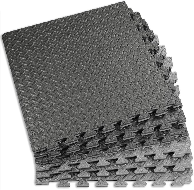 Xspec 1" Extra Thick 48 sq ft Reversible EVA Gym Foam Floor Mat Tiles (24" x 24"), Steel Pattern, 12 pcs, Black & Grey