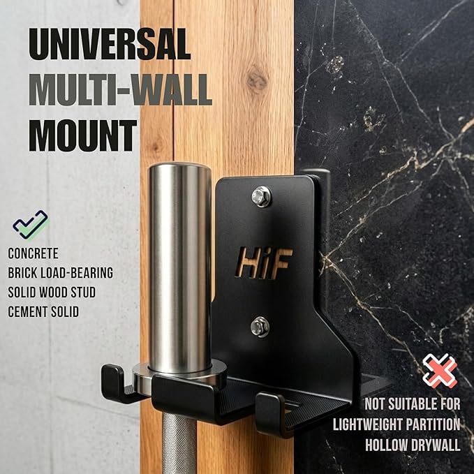 Olympic Barbell Hanger,Garage Gym Bar Wall Rack,Vertical Barbell Mount Rack,Space Saving Commercial or Home Gym Accessory,Holds Under 33mm Bar Size
