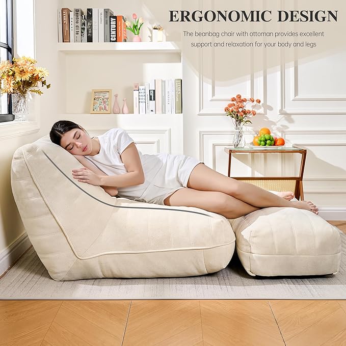Bean Bag Chair with Ottoman, Comfy Bean Bag Sofa with Memory Foam, Lazy BeanBag Sofa with Footstool, Fireside Bean Bag Couch for Living Room, Bedroom, Apartment (Off White)