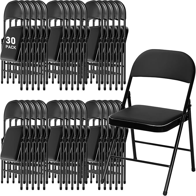 SEALAMB 30 Pack Black Folding Chairs with Padded Seats & Cushion, Durable Metal Foldable Chairs for Wedding Party, Commercial Chairs for Office School Church Events, 330lb Capacity (Black-PU, 30 Pack)