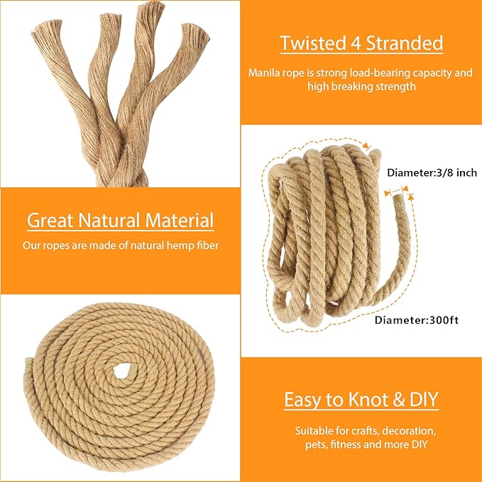 Hemp Rope 3/8 Inch X 300 FT, Natural Sisal Rope Twine, Twisted 4 Strand Manila Heavy Duty Multipurpose for Cat Scratcher, Docks, DIY Projects