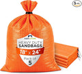 Heavy Duty Sand Bags Pack of 5, Bright Orange Empty Sandbags with Built-In Ties, Woven Polypropylene UV Protection 1600 Hours, Fillable Bags for Flood Control, Weight, 18x24 inches, 60 Pounds Volume