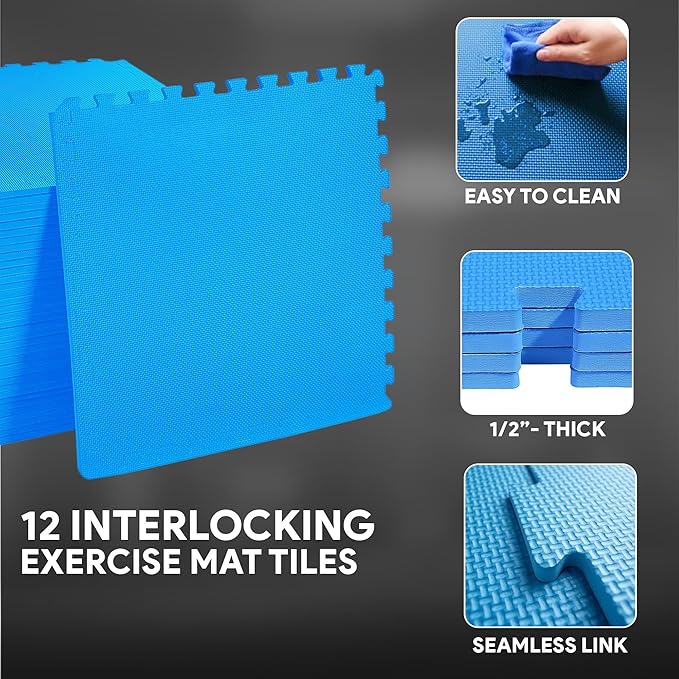BalanceFrom Puzzle Exercise Mat 1/2' Thick, EVA Interlocking Foam Floor Tiles for Home Gym, Mat for Home Workout Equipment, Floor Padding for Kids, Blue, 24 in x 24 in x 1/2 in, 48 Sq Ft - 12 Tiles