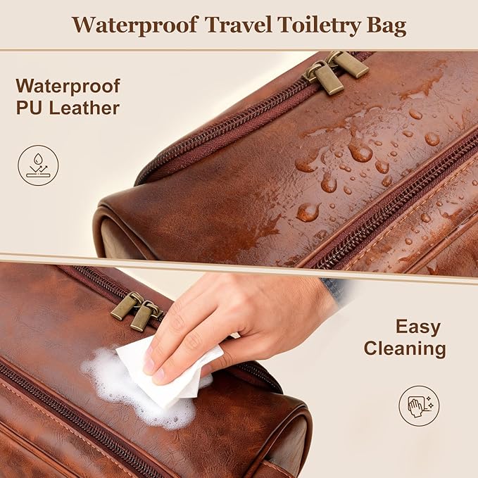 Mens Toiletry Bag for Travel,PU Leather Travel Toiletries Bag,Waterproof Toiletry Shaving Kit for Men,Personalized Gifts for Men Father's Day Birthday (T)