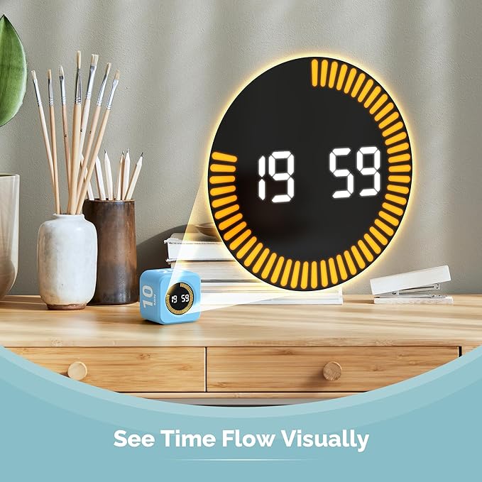 KADAMS Pomodoro Timer – Visual Cube with 5/10/30/60 Min Presets, LED Countdown Ring & Count Up Mode, Silent Flip Productivity Timer for Study, Classroom, Office, Cooking (Blue 5-10-25-50 min)