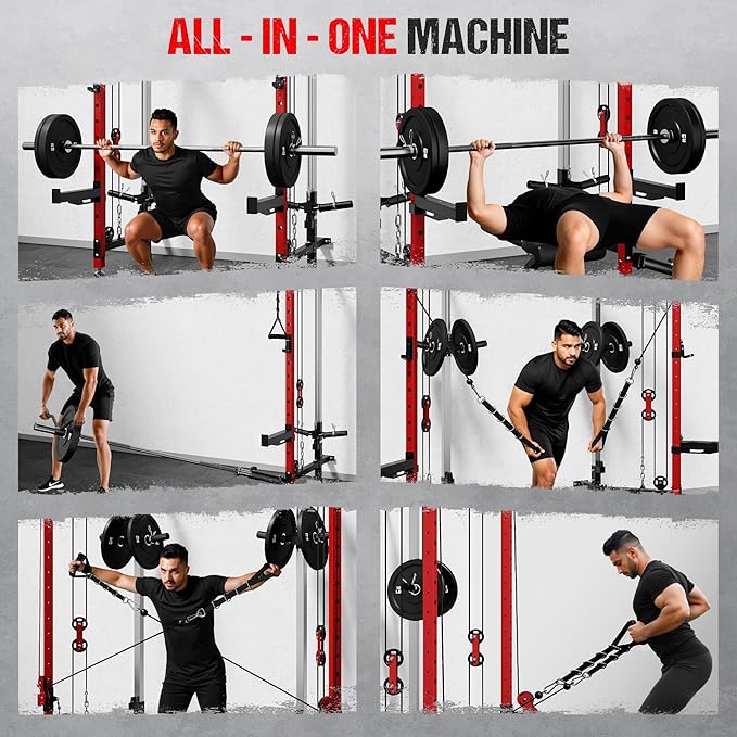 WM3-V4 Folding Squat Rack, Wall Mounted Power Rack with Dual Independent Pulley System, Functional Trainer with 5 Adjustable Function Modes for Space Saving