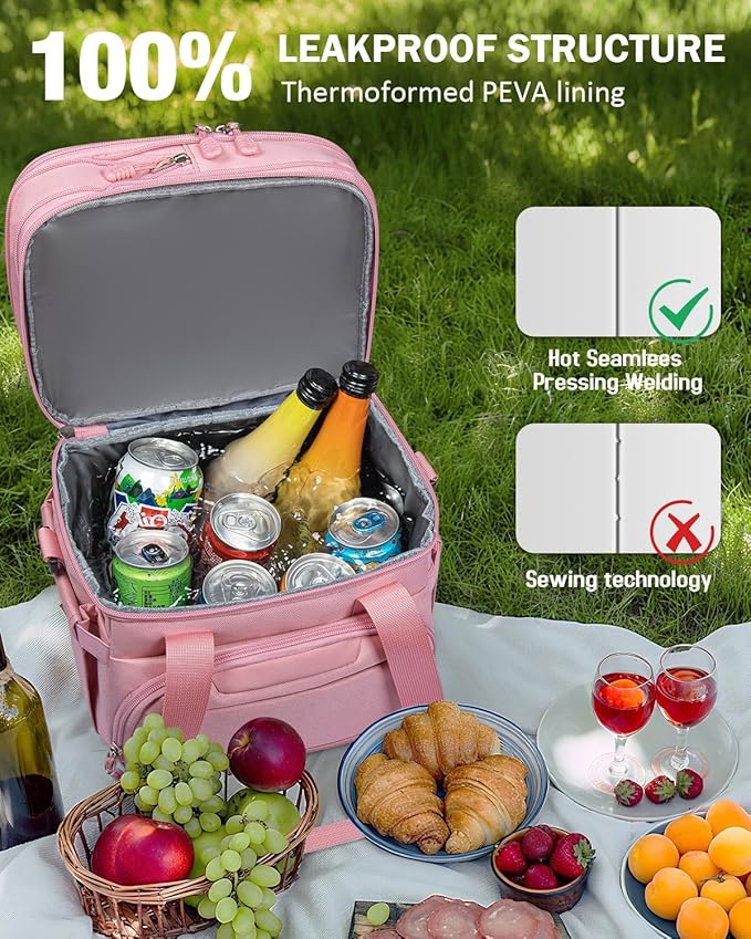 Large Lunch Box for Men/Women Dual-Compartment Insulated Lunch Bag,Adults Expandable Leakproof Cooler Bag Lunch Tote with Adjustable Shoulder Strap for Work Camping Picnic,Pink 24-Can(14L)
