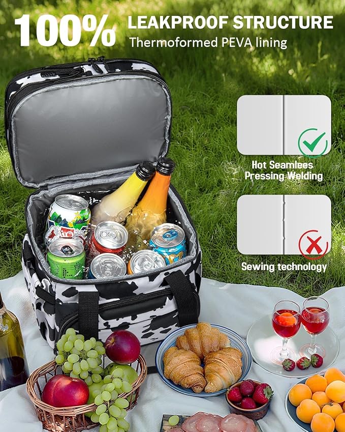 Large Lunch Box for Men/Women Dual-Compartment Insulated Lunch Bag,Expandable Leakproof Cooler Bag Lunch Tote with Adjustable Shoulder Strap for Work Camping Picnic,Cow Print 24-Can(14L)