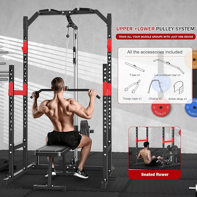 ULTRA FUEGO Power Cage, Multi-Function Power Rack with Pulley System Strength Training for Home Gym, Bench Press Squat LAT Pull-Down Pull-up Rowing, All in One Workout Cage