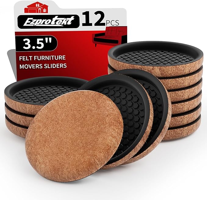 Ezprotekt Felt Furniture Sliders for Hardwood Floors, 3.5" 12 Pcs Upgraded Round Furniture Movers Sliders, Reusable Furniture Moving Pads for Heavy Bed Couch, Move Your Item Easy & Safely (Brown)