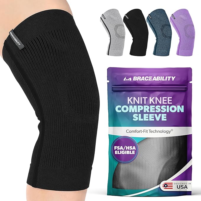 BraceAbility Knee Compression Sleeve - Knit Knee Pain Brace for Men and Women, Arthritis Relief, Meniscus Tear, Running, Workout, Sports, Swelling, Athletic Support for Joint Stability (M/L Black)