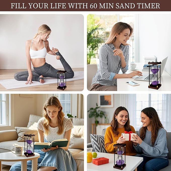 60 Minutes Sand Hourglass Timer, Vintage Sand Clock 60 Minutes, Large White Sander with Wooden End Caps, Hour Glass Sandglass Timer for Games Classroom Kitchen Decor (Purple Sand)