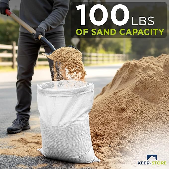 Heavy Duty Sand Bags Pack of 5, White Empty Sandbags with Built-In Ties, Woven Polypropylene UV Protection 1600 Hours, Fillable Bags for Flood Control, Weight, 20x36 inches, 100 Pounds Volume