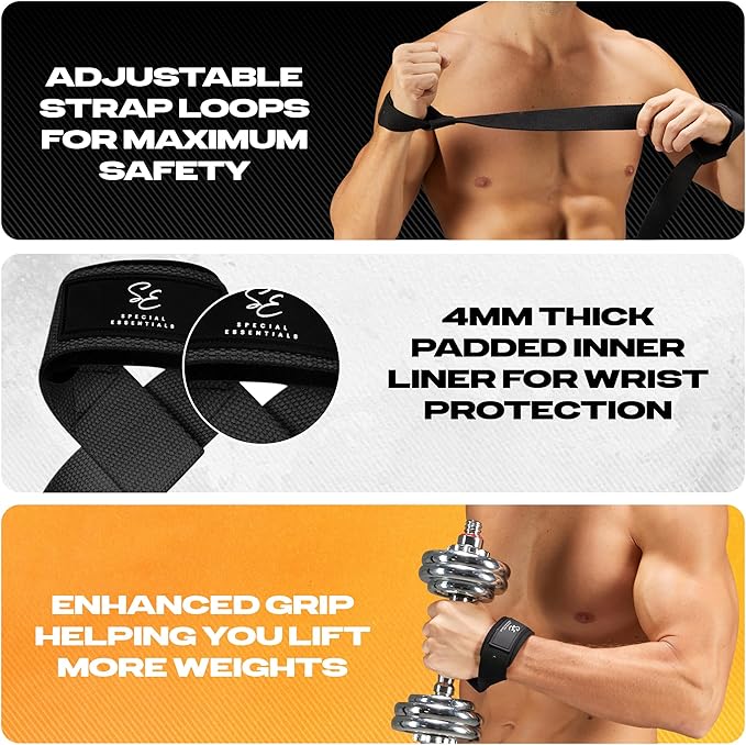 Special Essentials 2 Pack of Wrist Straps for Weightlifting - Two-Sided Anti Slip Silicone Grip & Padded Neoprene - Durable Gym Lifting Straps for Men and Women for Bodybuilding & Powerlifting