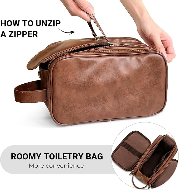 Elviros Toiletry Bag for Men, Large Travel Shaving Dopp Kit Water-resistant Bathroom Toiletries Organizer PU Leather Cosmetic Bags