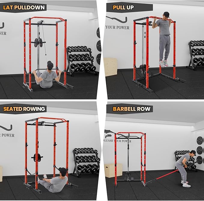 GarveeLife Power Cage, Multi-Function Squat Rack with LAT Pulldown, 1600 LBS Weight Capacity Fitness Power Rack with Cable Pulley System and j-Hooks, Dip Bars and Landmine Attachment for Home Gym
