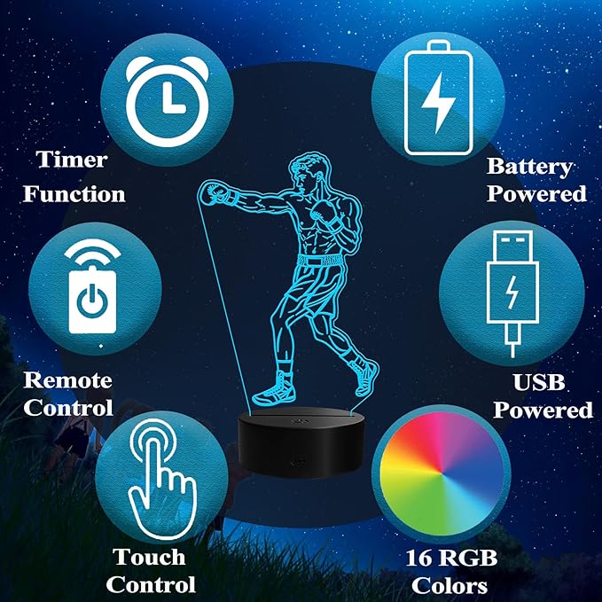 Boxing Gifts for Boy, Boxing Night Light, 3D Illusion Lamp with Remote Control, 16 Colors Changing, RGB Flashing Mode and Dimmable, Gifts for Boys Christmas Decor