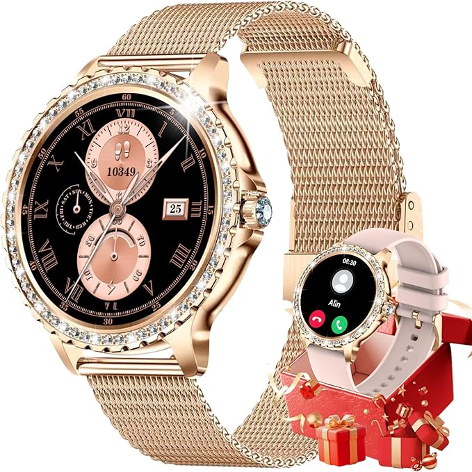 Smart Watch for Women Diamond, Bluetooth Calls, 1.32-inch HD Screen Round Fitness Tracker with Menstrual Cycle/Sleep/Heart Rate Monitor, 100+ Sports Mode, Android/iOS Phone, Rose Gold