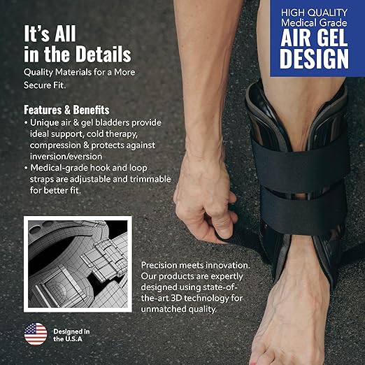 AnklePro Air Cushion Stirrup Ankle Stabilizer Brace - Removable Cold Therapy 3-Strap Rigid Stirrup Ankle Splint w/Gel Pad for Women & Men - Lateral Support for Stability, Black, Trainer